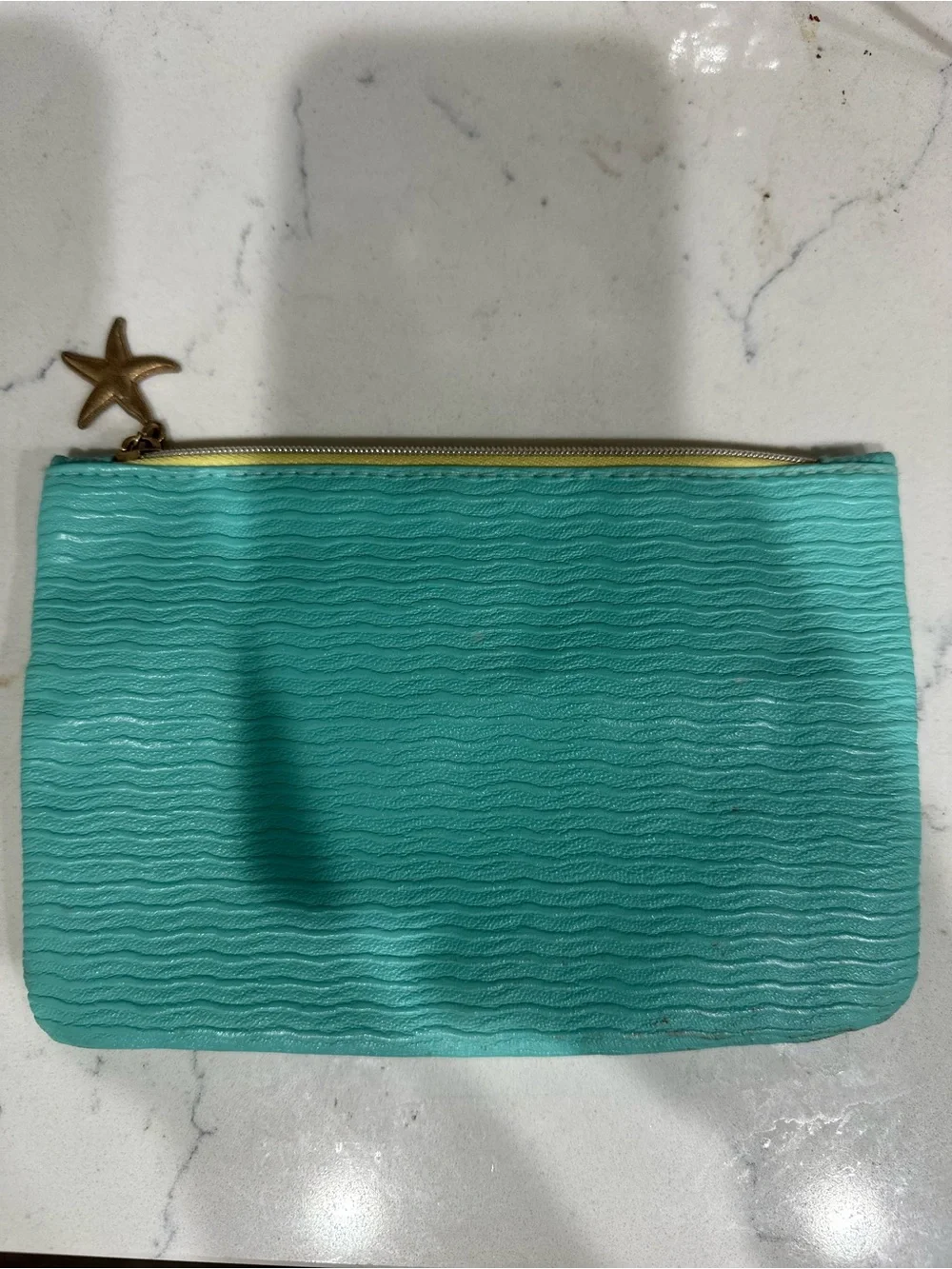 Turquoise Wave-Texture Zip Pouch with Star Pull